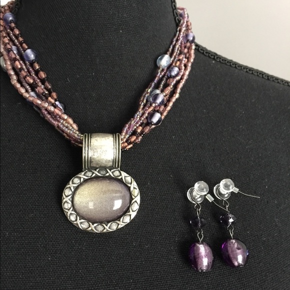 Jewelry - Coordinate Set Necklace with Pendant Drop Earrings Multicolor Beaded Strands